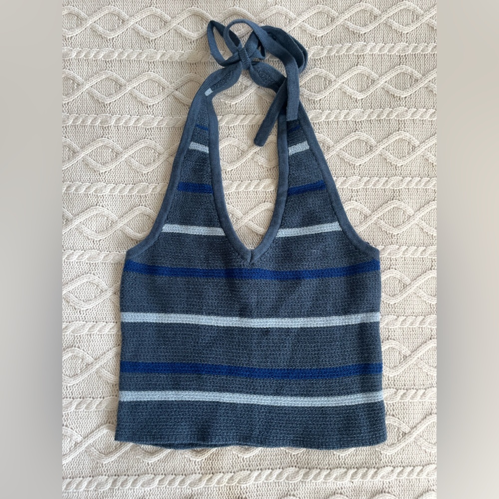 American Eagle Striped Knit Halter Tank Top - Blue Tones Juniors Size Small